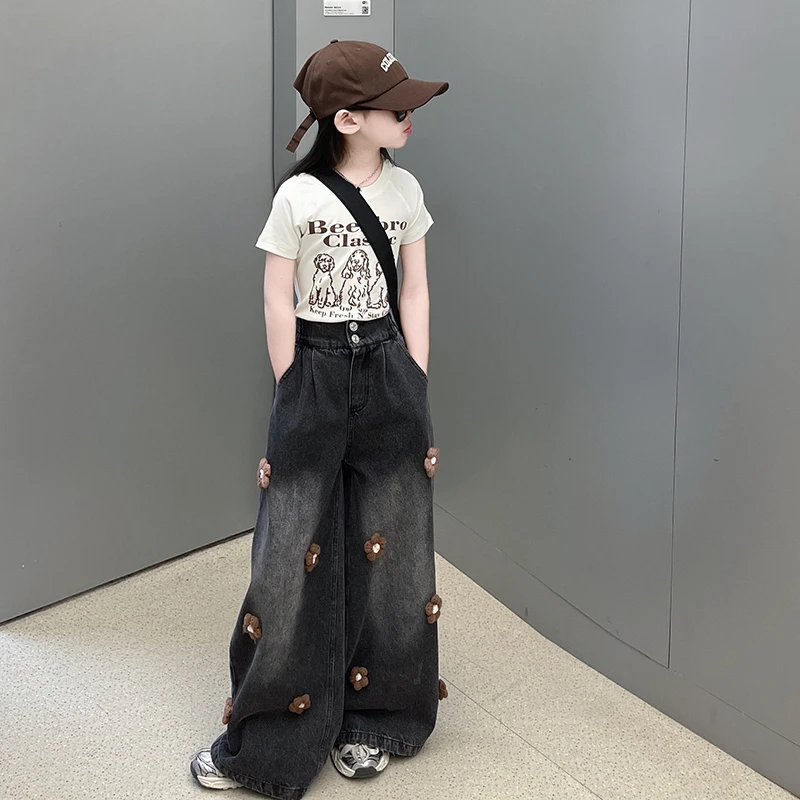 女童复古花朵阔腿牛仔裤2025春季新款中大童宽松休闲拖地长裤子潮