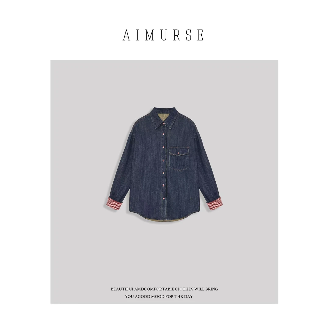 AIMURSE 小众设计师 格子袖口百搭休闲时尚牛仔衬衫 AM6038