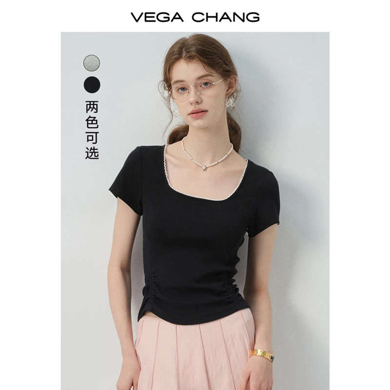 VEGA CHANG短袖女t恤2026新款夏季 方领收腰抽褶正肩上衣0692LW