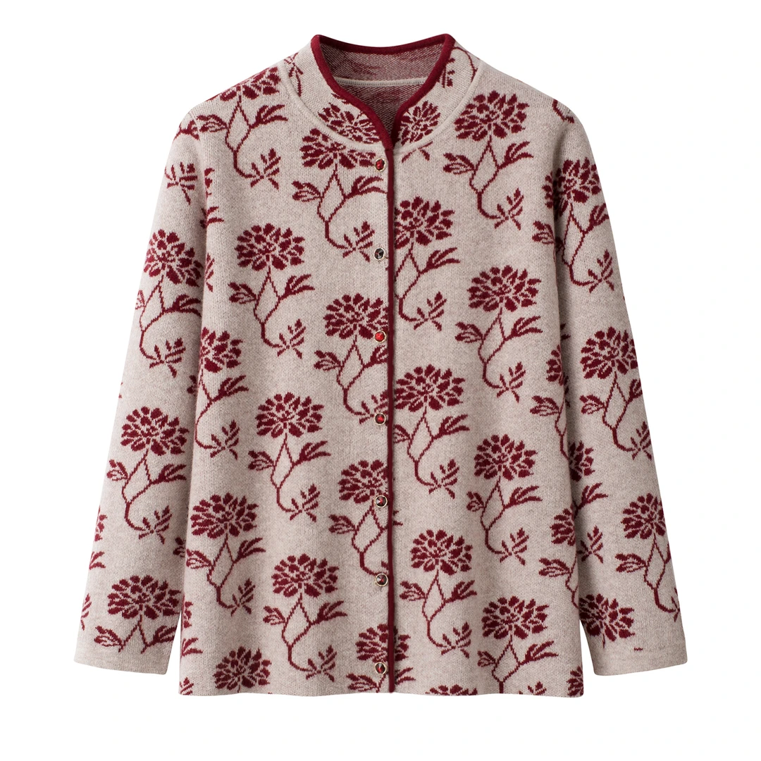 纽扣开衫中老年女装长袖植物花卉提花厚款针织衫立领羊毛衫