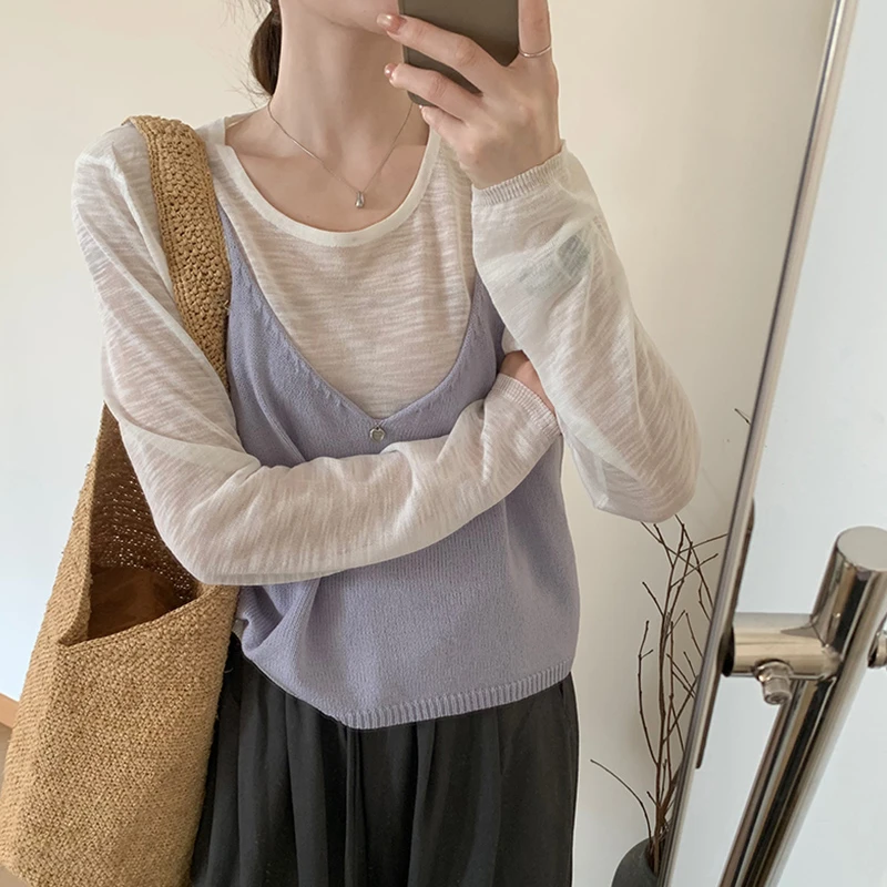 韩系早春针织吊带背心两件套女款叠穿内搭显瘦V领马甲别致上衣347