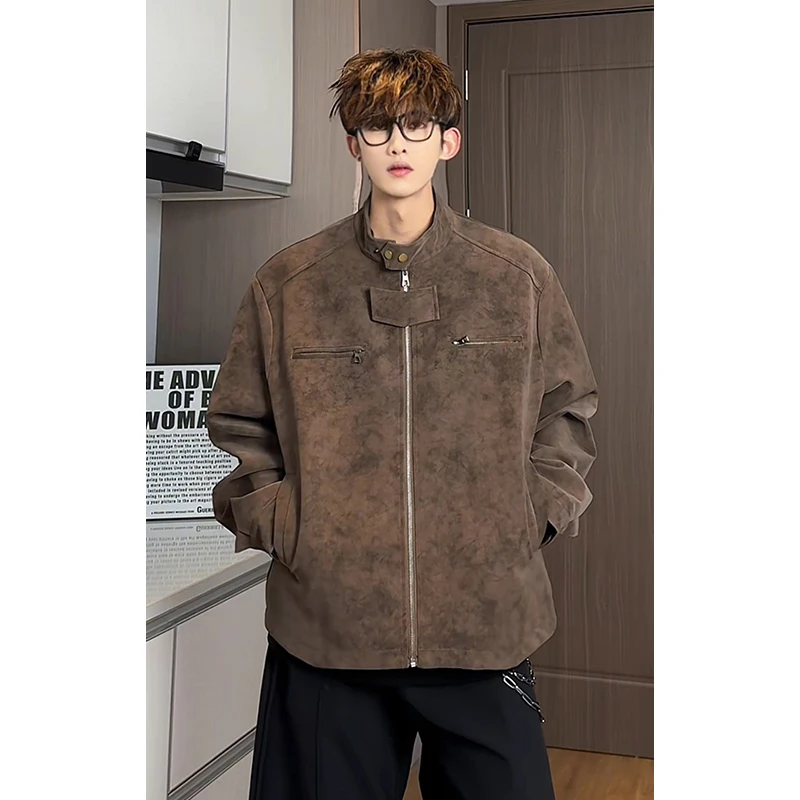 PU皮皮衣男夹克宽松立领时尚休闲春秋百搭潮流美式机车服复古外套