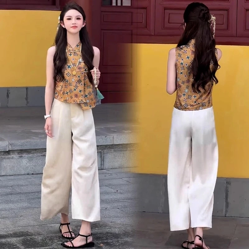 2025夏季新款国风立领斜襟老钱风提花无袖上衣显瘦气质时尚休闲