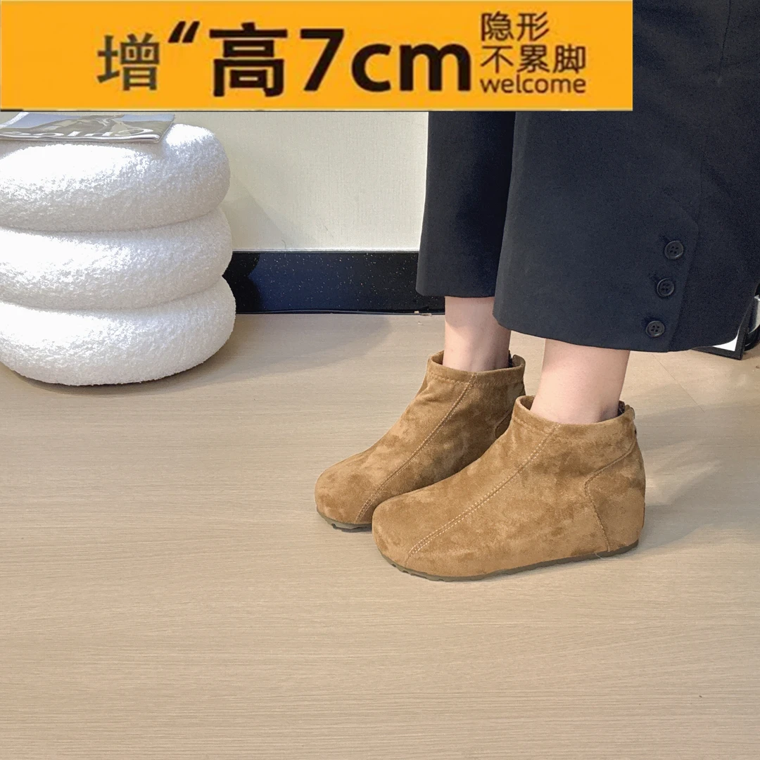 小个子7cm内增高棕色复古短筒瘦瘦靴女靴秋冬新款法式短靴及裸靴