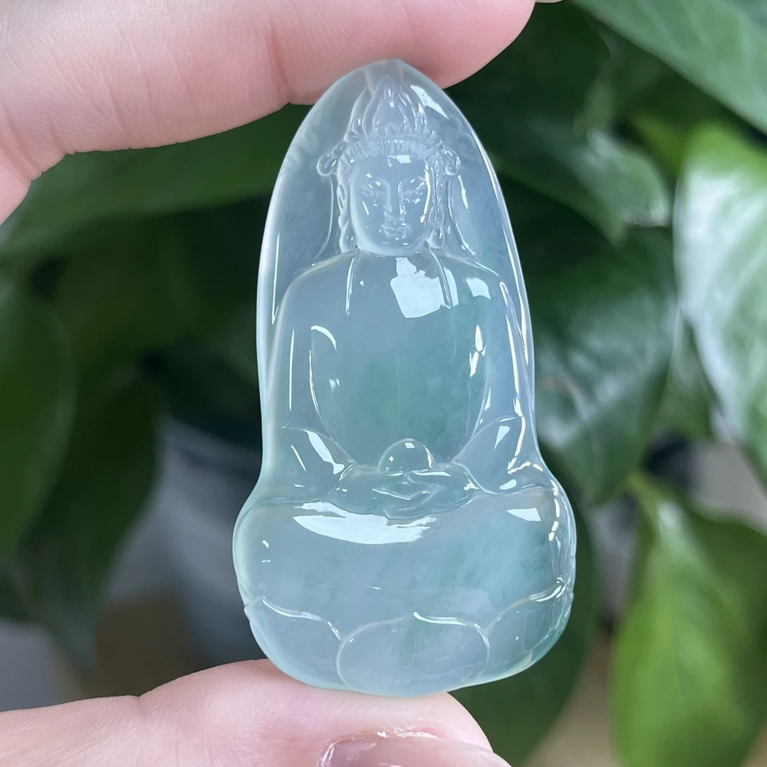 天然缅甸翡翠A货高冰种飘绿一刀切素衣观音镶嵌品质高端翡翠观音