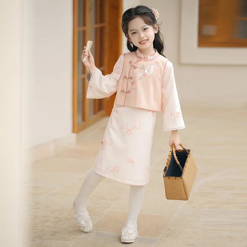 旗铂-桃枝 桂叶 新中式春季款旗袍套装女童两件套童装民国风国风