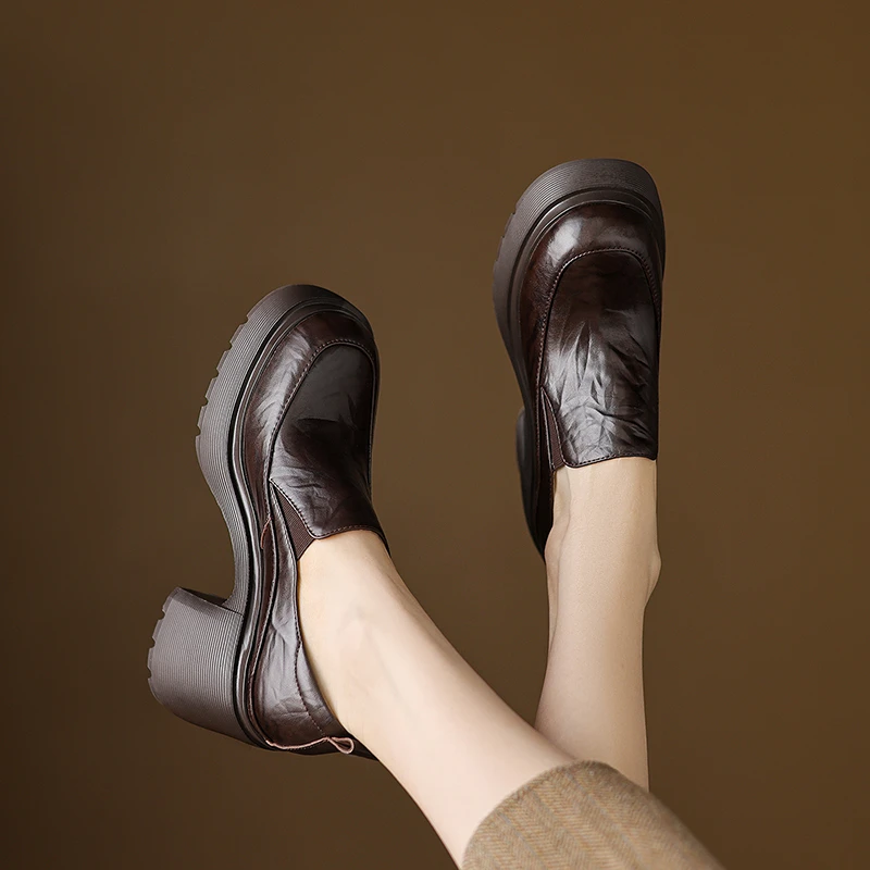 10cm厚底小皮鞋女真皮粗跟乐福鞋2025新款百搭小个子增高高跟单鞋
