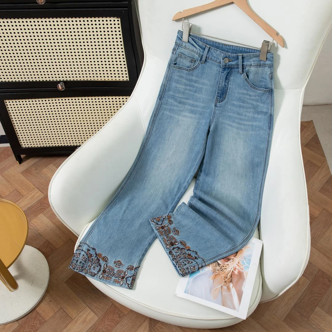 夏季新款锦绣江南新中式万针刺绣锦萃蓝莱赛尔直筒牛仔裤女