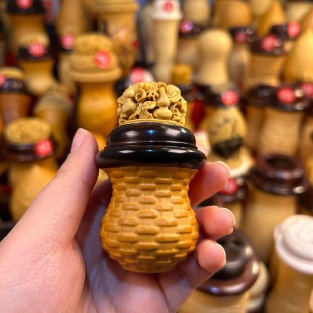 花模老色竹蛉葫芦 小墩 手把件 老红木口黄杨木蒙芯