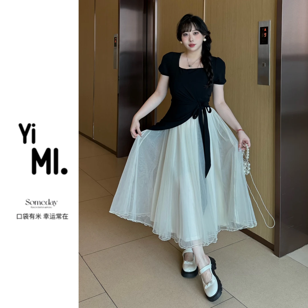 亿米-现货(晨露柔装)法式设计感撞色拼接不规则绑带网纱连衣裙