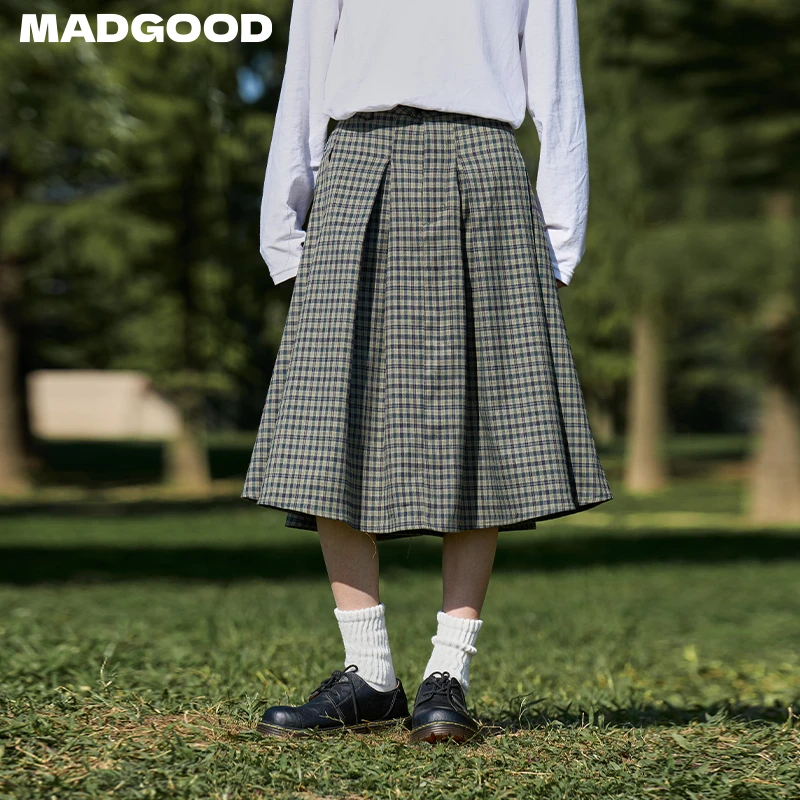 madgood马得工地日系春季色织格纹格纹口袋工字褶半裙QZ251053