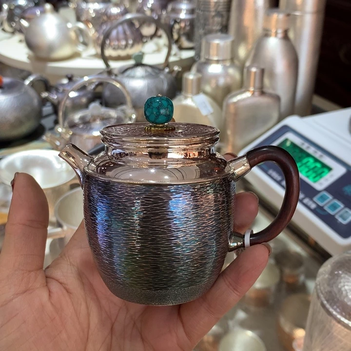 足银999水波纹铜包银盖子小泡壶150容量