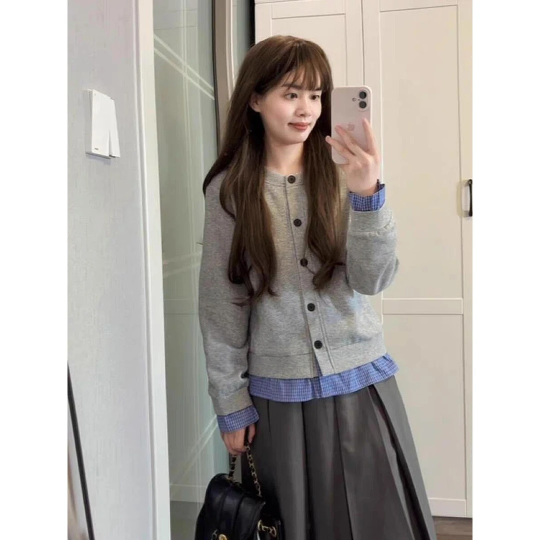 原野  假两件格子开衫卫衣女春秋休闲长袖上衣外套