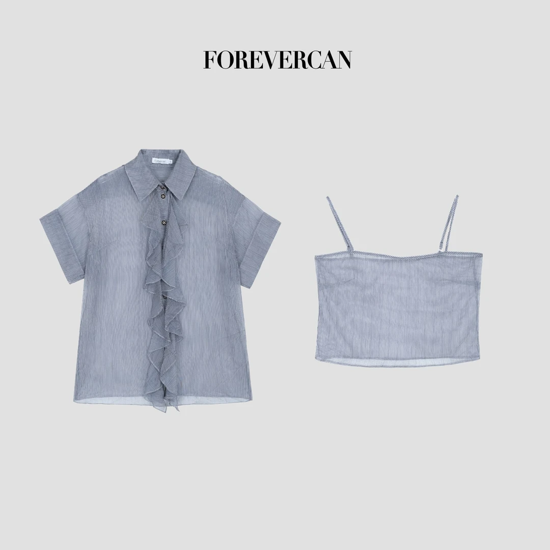 FOREVERCAN“加勒比”学院风立体荷叶边短袖衬衫上衣CANST17234
