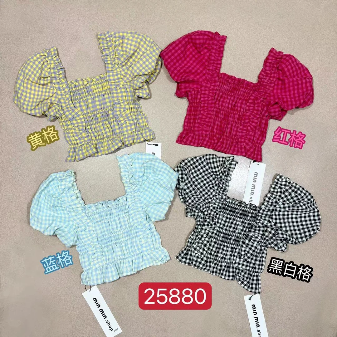欧街-前后松紧格子泡泡短袖03286