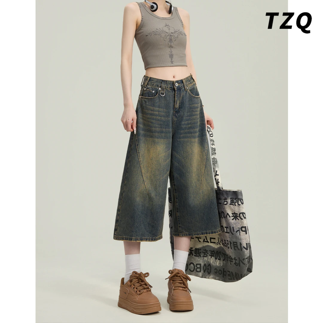 怀旧蓝阔腿七分牛仔裤女2025新款高腰显瘦宽松垂感裤子TZQ2530560