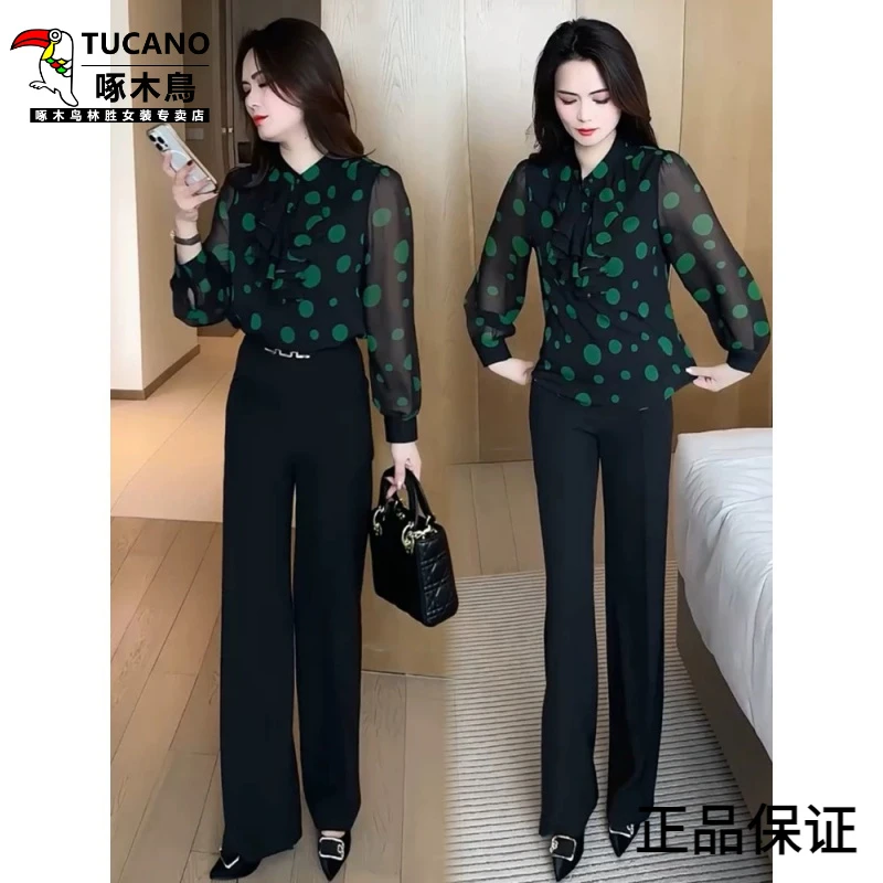 啄木鸟时尚套装女2025春季新款小个子洋气雪纺波点衬衫显瘦直筒裤