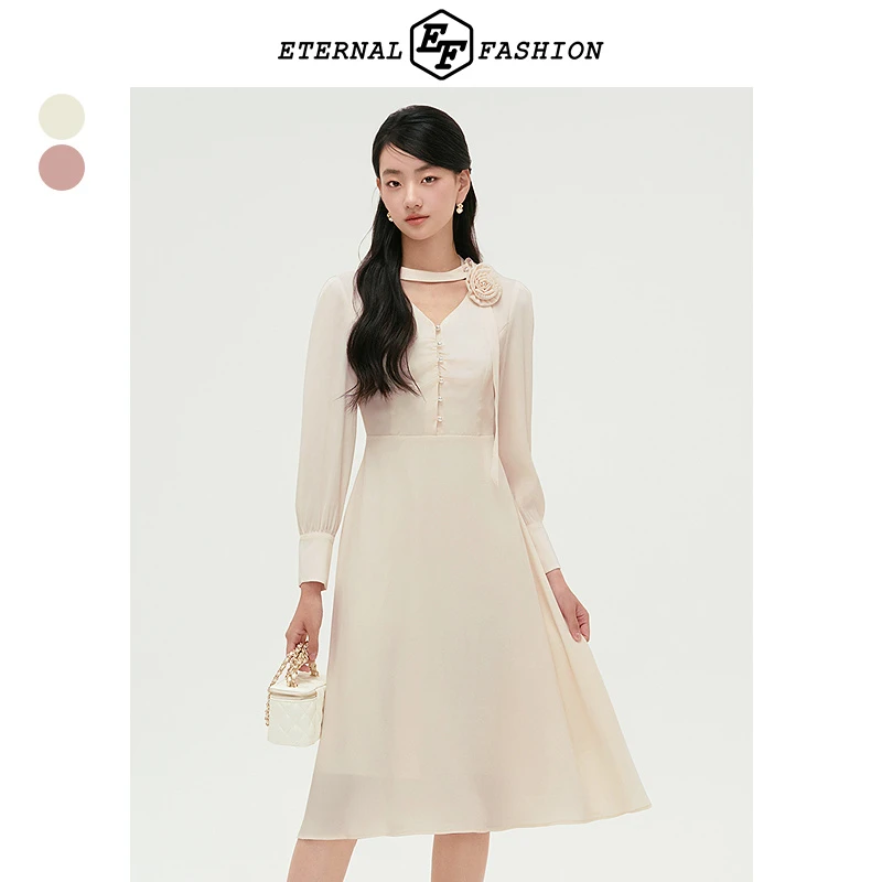 EF法式优雅V领连衣裙女2025春夏新款肌理感通勤裙子E2243L0009