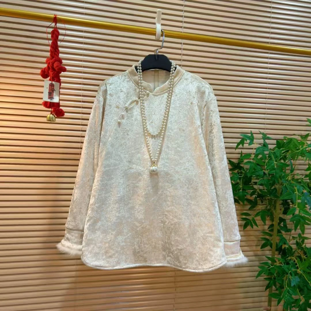 胖YY2025冬季新款新中式国风丝绒小衫温柔静雅貂毛袖口加绒打底衫