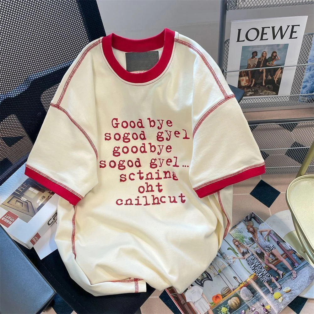 复古美式纯棉撞色字母短袖T恤男女大码宽松别致小众情侣上衣国潮