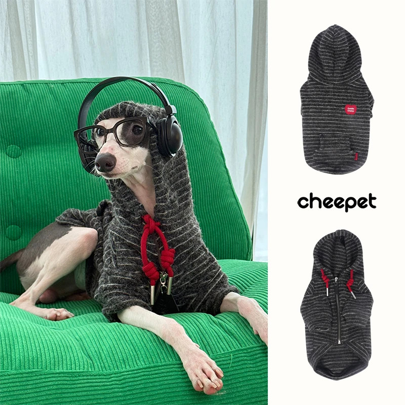 cheepet/趣派宠物秋冬韩国兔毛绒条纹两腿卫衣帽衫
