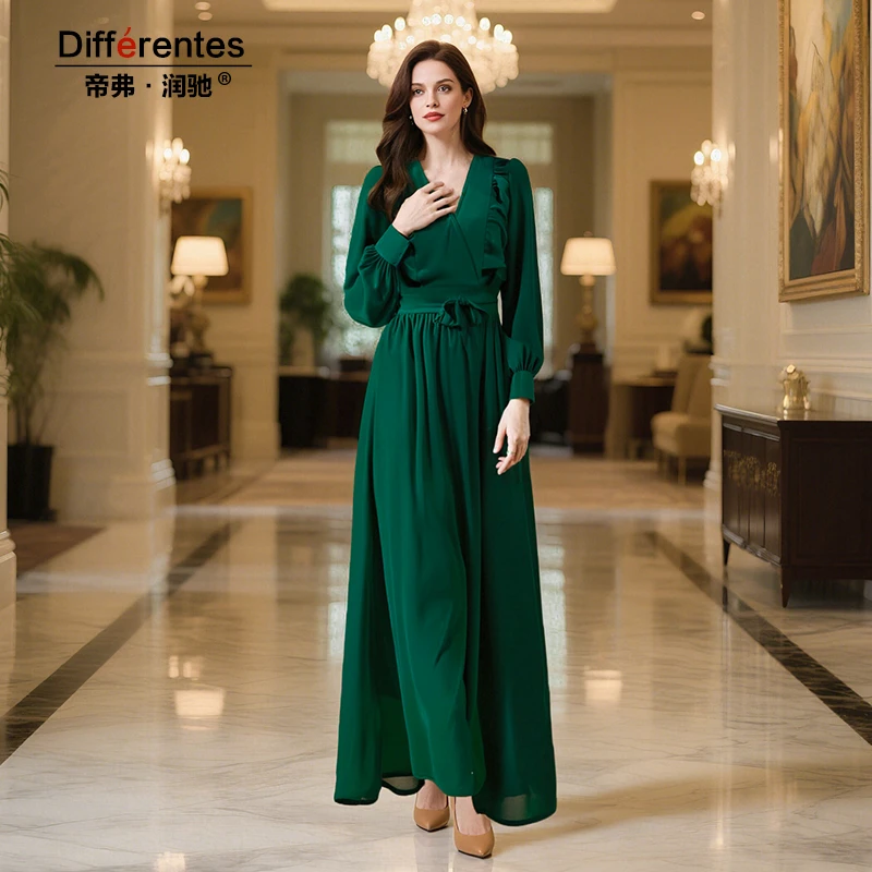 帝弗润驰秋季新款绿色法式浪漫连衣裙女度假优雅气质时尚高档长裙
