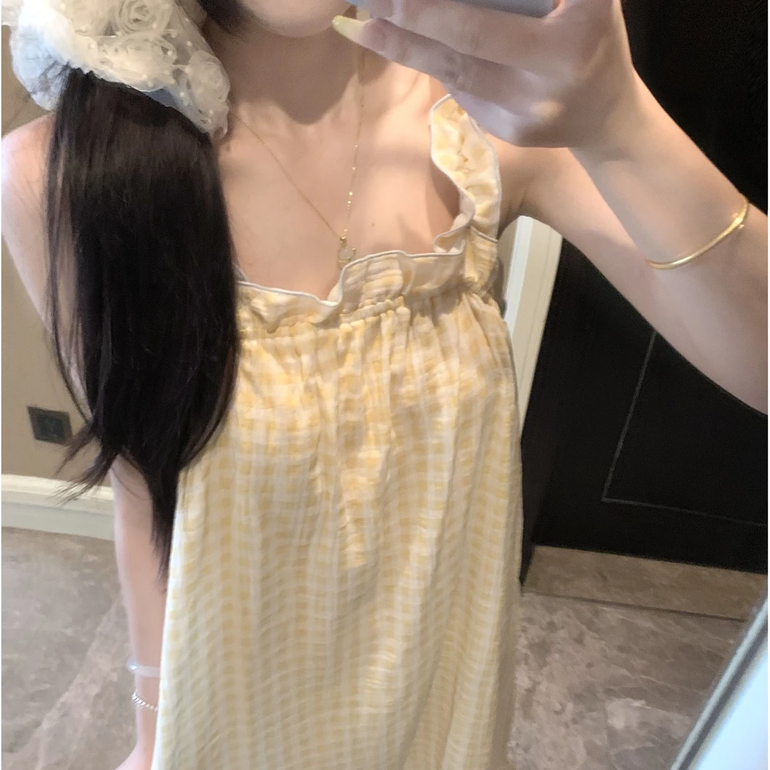 宽松格子纯棉双层纱夏季吊带睡裙睡衣女款爆款2025新款睡衣家居服