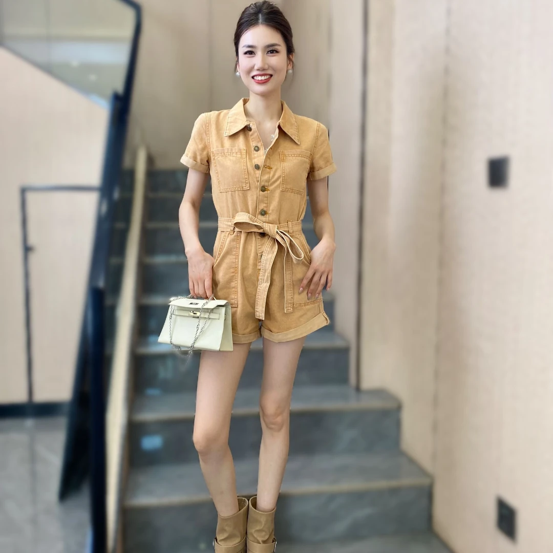 【俊英】2025夏季中腰高腰休闲洋气腰带修身口袋工装连体衣裤女