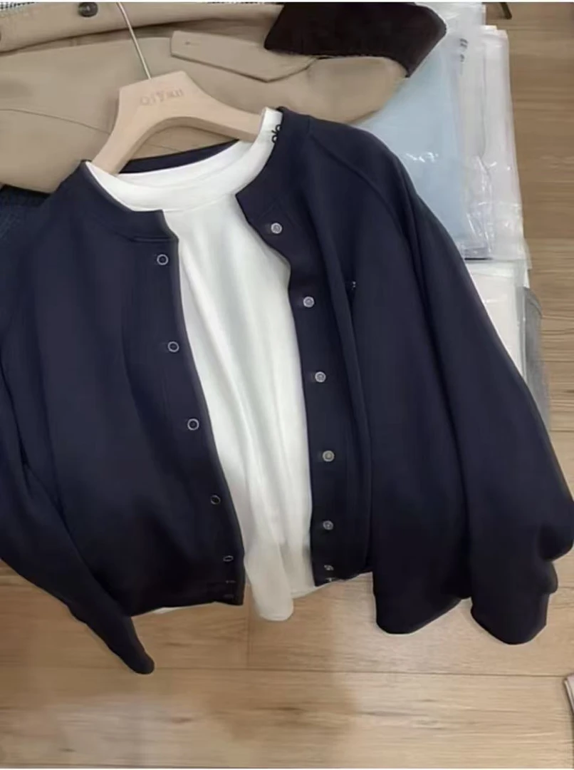 七言家新品！藏青叠穿棒球小外套休闲开衫卫衣@