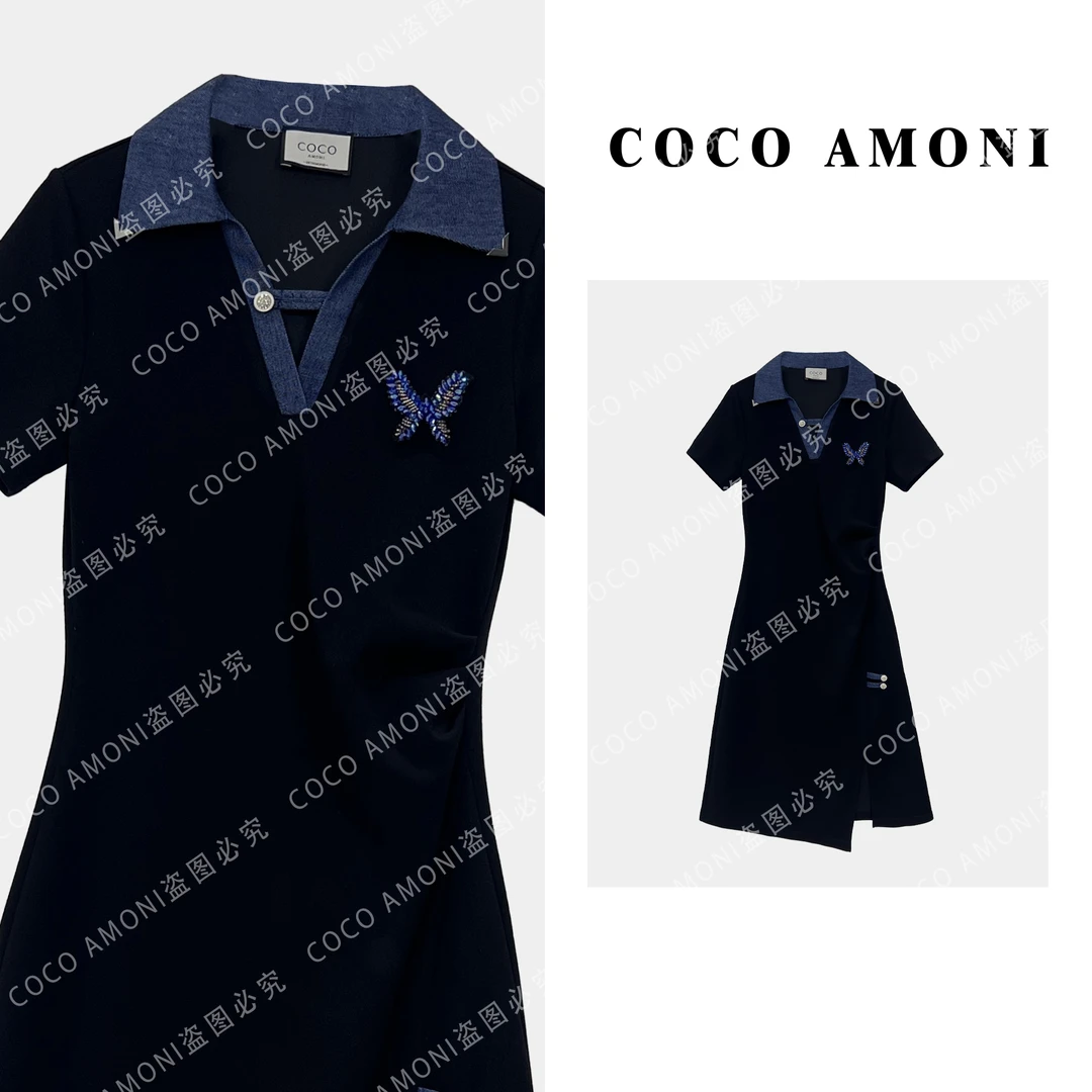 时尚夏日新款设计高级款拼烫钻蝴蝶设计收腰显瘦连衣裙AC064