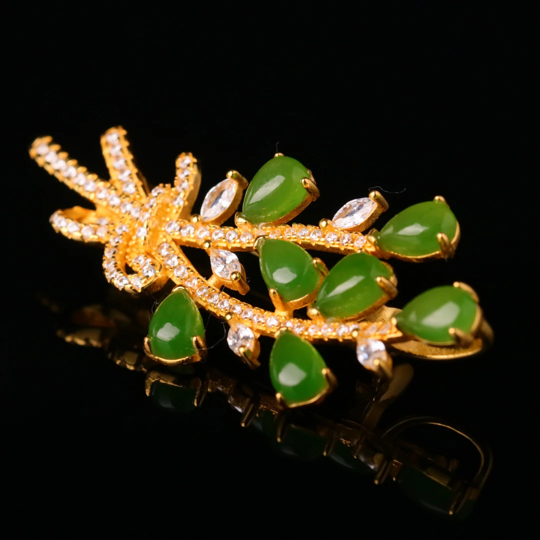 【泓贝珠宝-L871】和田玉碧玉新粉必入金枝玉叶胸针