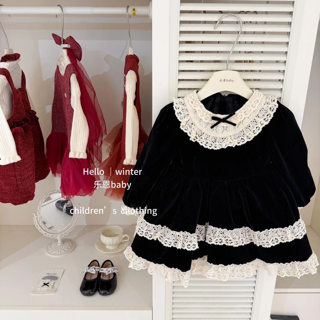 【乐恩baby]】法式公主！女童洛丽塔加绒丝绒连衣裙2025蕾丝边公主裙