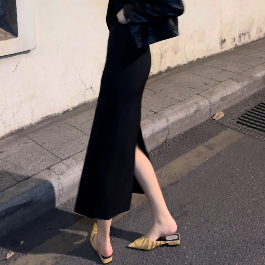 【JQW】2025秋季新款弹力后开叉西装半身裙