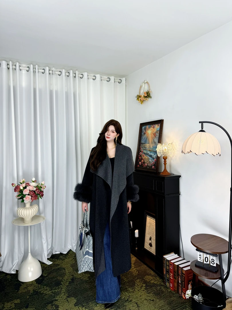 秋冬毛袖大翻领不规则下摆长款设计师款毛呢外套