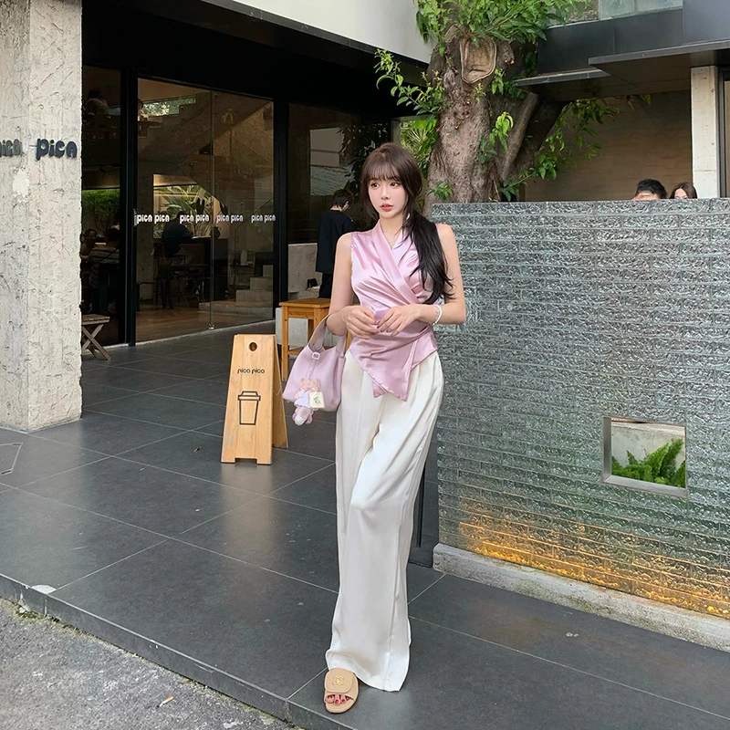 Liuu嘻嘻阿时尚仿醋酸缎面直筒裤女夏季冰凉感气质百搭宽松休闲裤