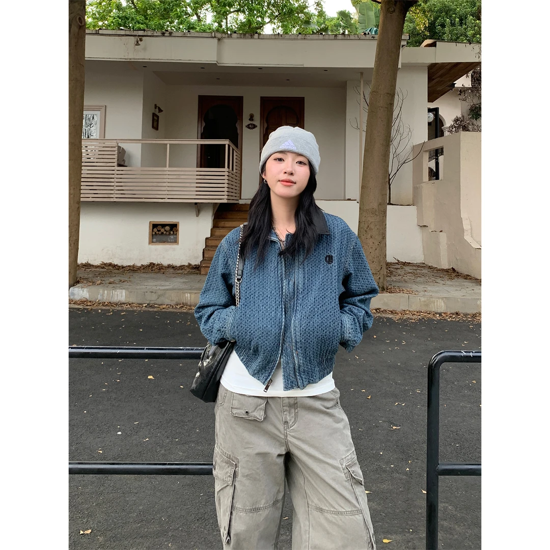 木子羊 复古立体提花设计感重工牛仔宽松外套女秋季休闲夹克上衣