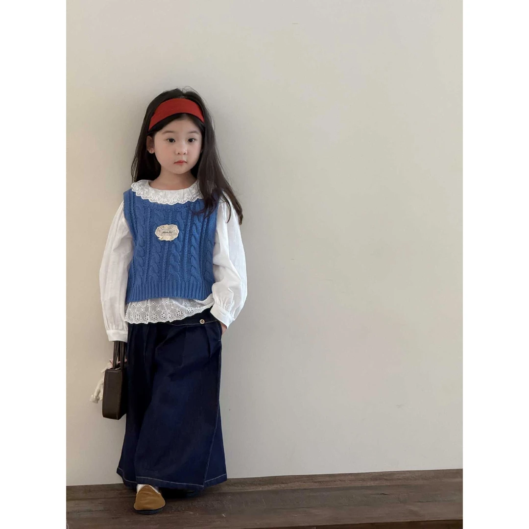 小粉象 ·女童2025秋季新款韩版可爱花边马甲花边衬衫牛仔裤套装