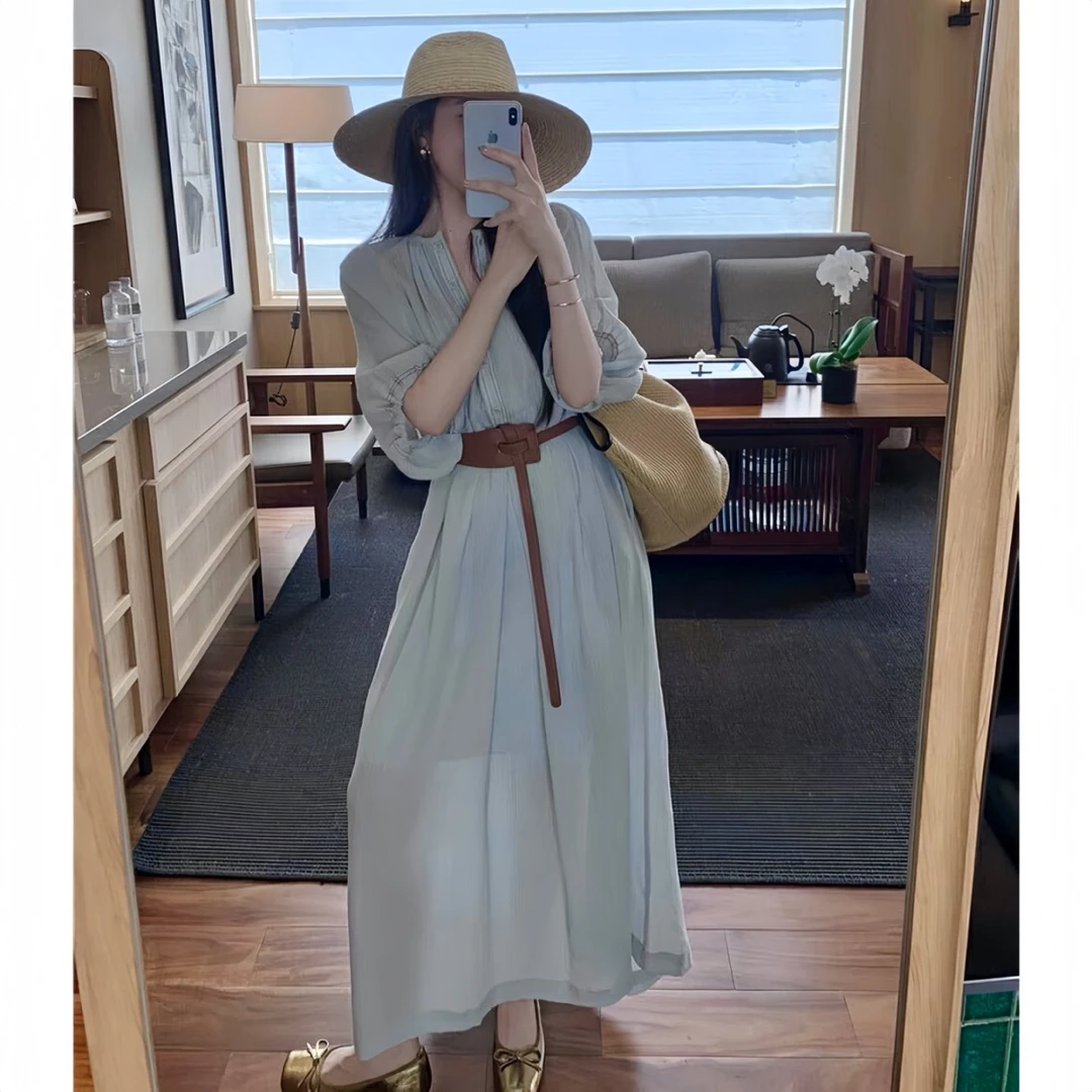 海边度假风设计感2025夏季新款连衣裙内搭背心腰带三件套女A1285