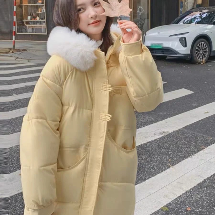 大毛领防寒服中长款棉服女2025新款冬季宽松过膝棉衣加厚棉袄外套