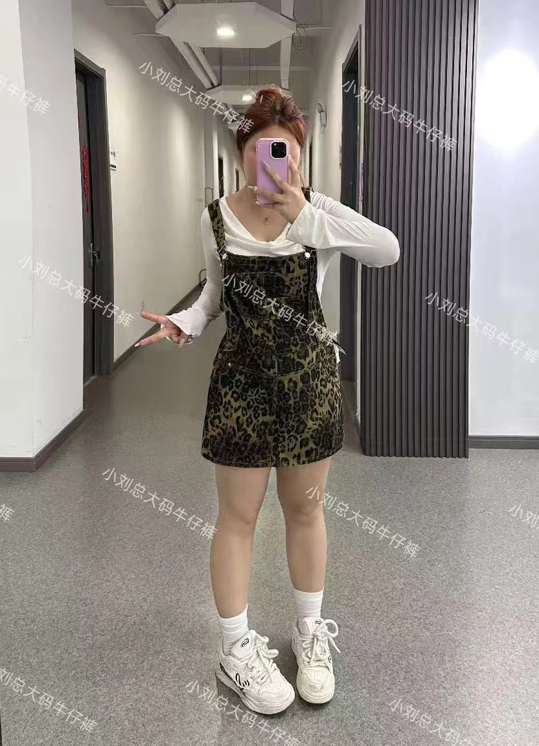 胖mm高腰水洗豹纹背带裤欧美风短裤潮流夏季中性风牛仔裤女553
