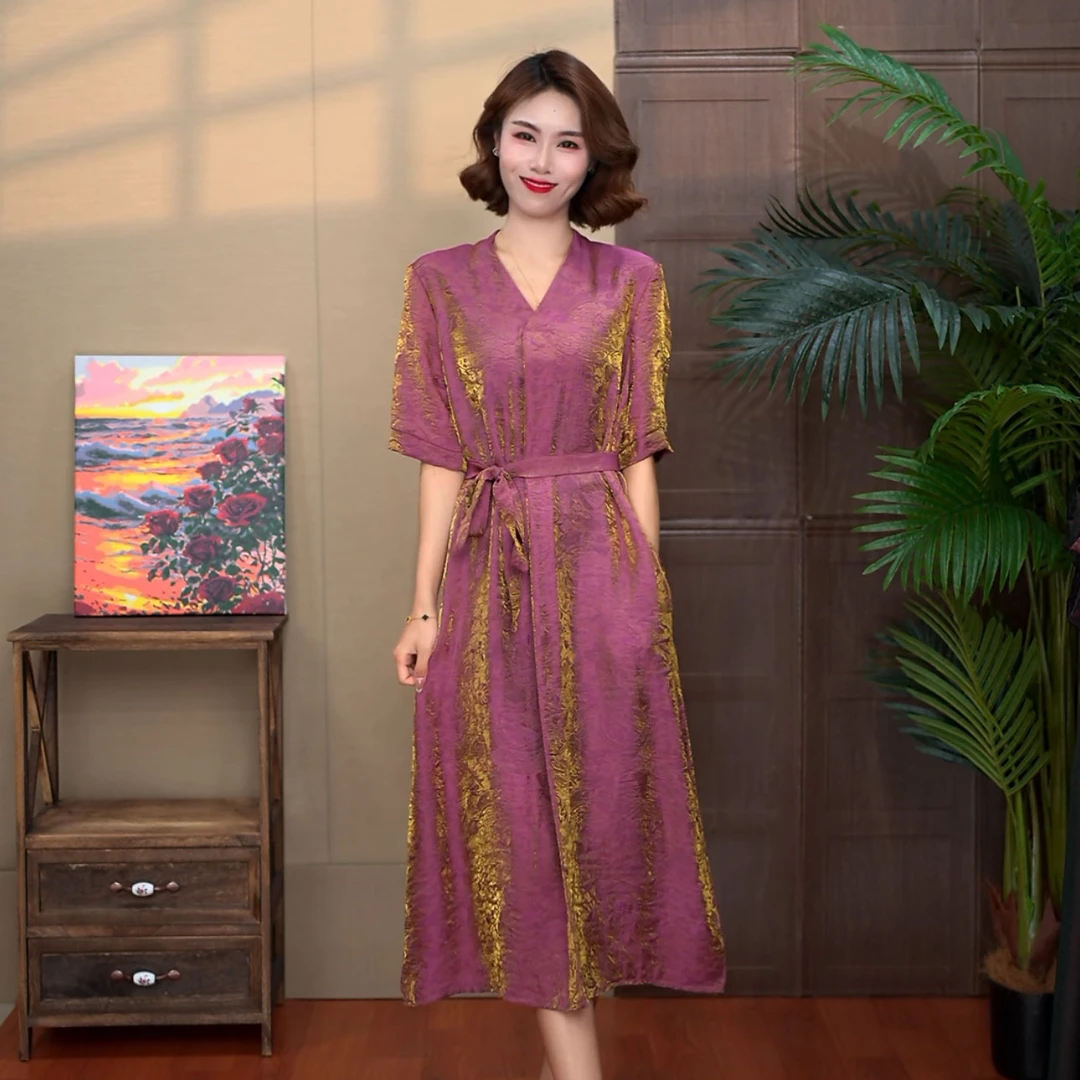 8550[品尚]夏季新款大V领中长款时尚百搭定位花连衣裙显瘦中老年