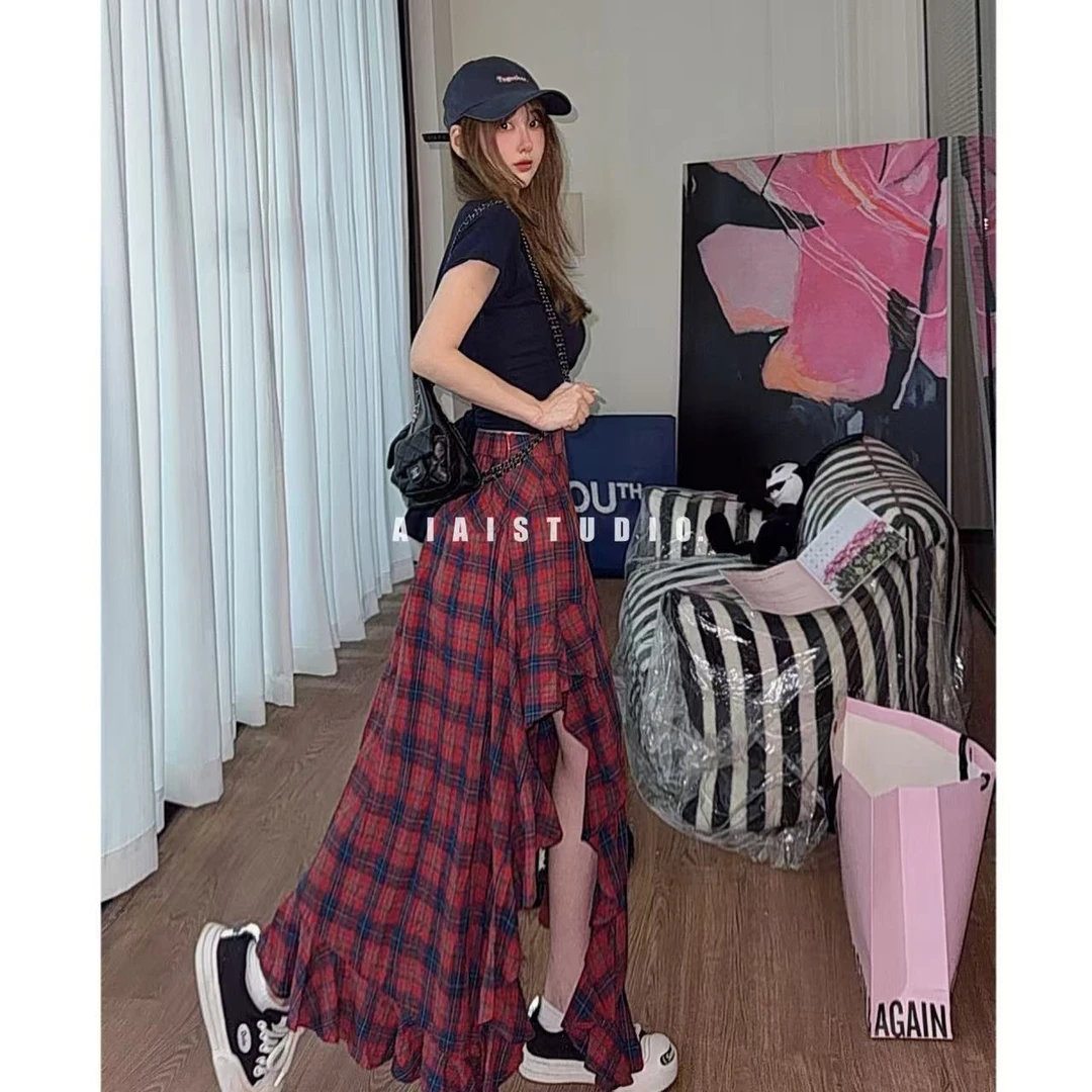 AIAI【改变设计】高腰美式格纹荷叶边不规则半身裙安全裤短裙女新款