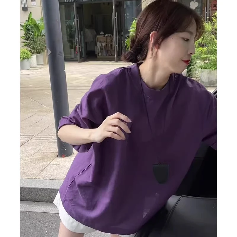 紫色短袖t恤女2025夏季新款美式宽松休闲纯色百搭潮流中长款上衣