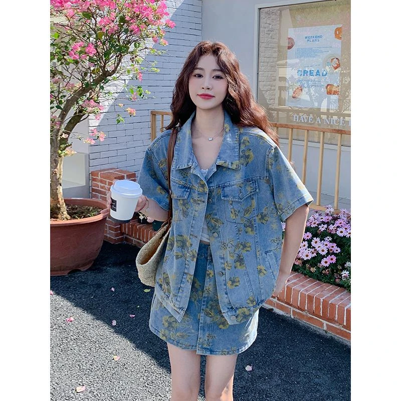 蓝色牛仔外套短裙两件套女2025年夏季新款时尚独特绝美减龄套装裙