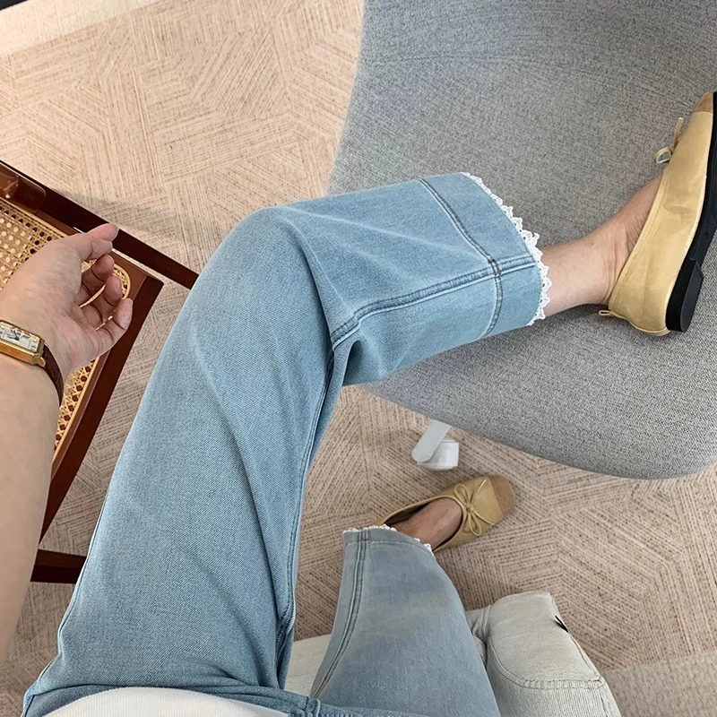 四面弹蕾丝边牛仔直筒裤夏季宽松款阔腿裤女高腰显瘦小个子牛仔裤