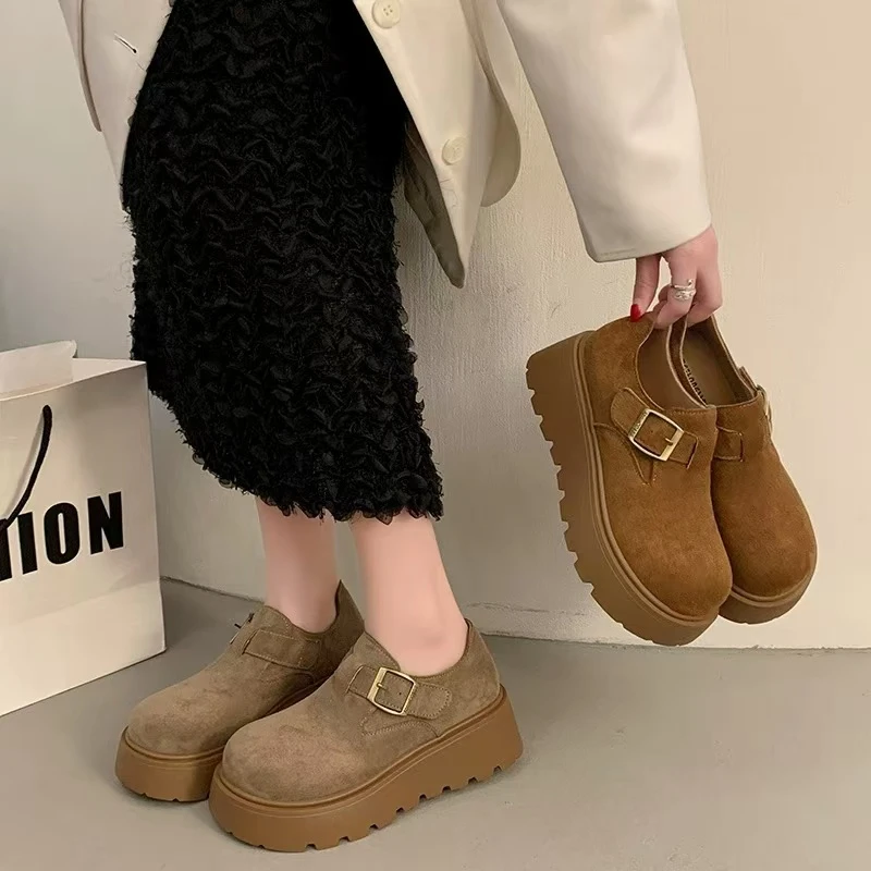 2025一脚蹬磨砂厚底勃肯鞋新款女鞋春秋季乐福鞋超复古高跟大头鞋