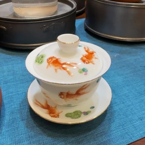 茶壶紫砂潮州手绘双金鱼盖碗90年代