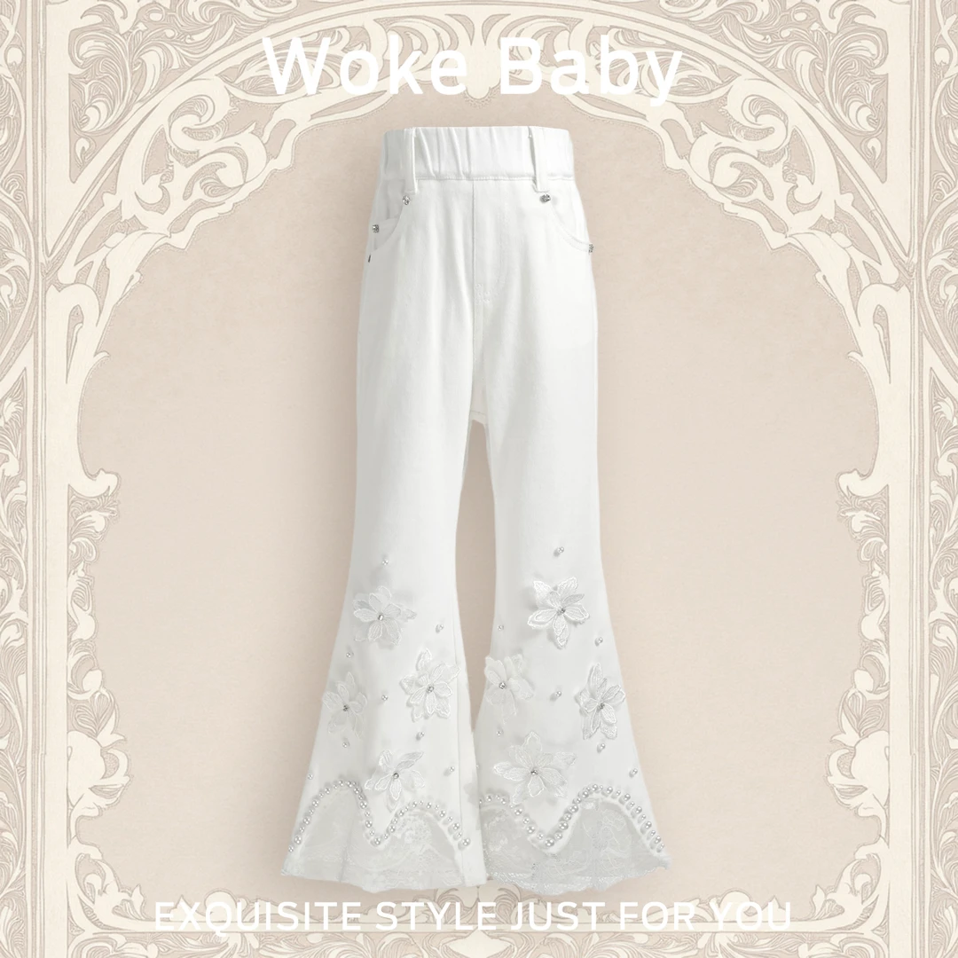 现货【行走的花影】女童秋季珍珠花朵蕾丝花朵喇叭汉服裤子A5777