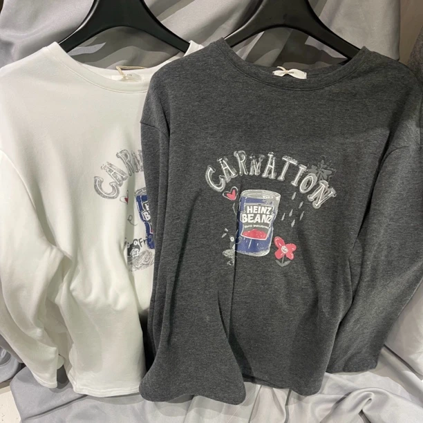 饭团家 卡通印花长袖加绒t恤百搭上衣女士