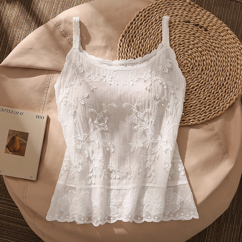 纯欲风白色刺绣蕾丝吊带背心女夏季内搭绣花美背宽松无袖上衣外穿